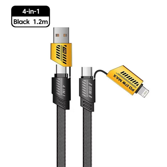 4 in 1 Fast Charging Cable PD 65W USB Cable Type C Dual Connector Lighting Mecha Style Fast Charge Data Cable for Iphone Xiaomi